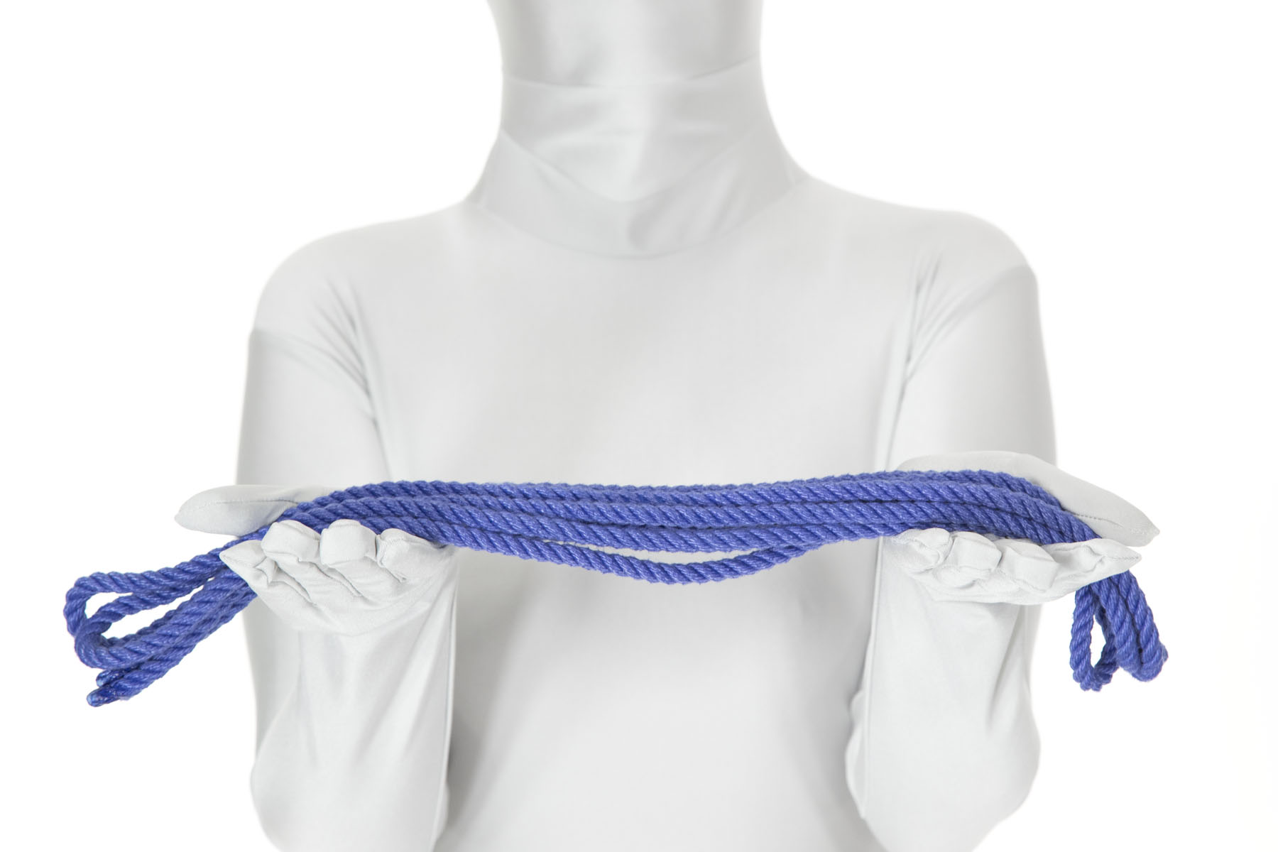 A person holding up a blue rope. The rope has been folded in half three times, so it is about two feel long and has eight strands of rope running between the two hands.