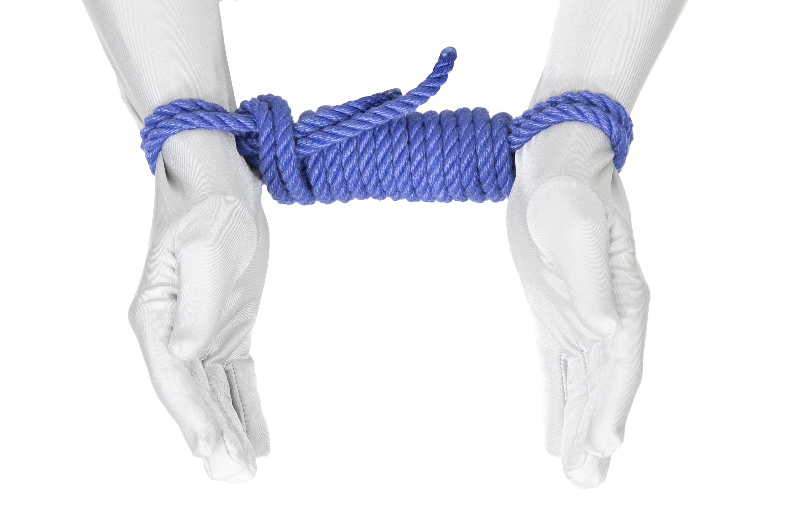 Two wrists tied together but separated by a six inch long bar tie consisting of rope wound around itself.