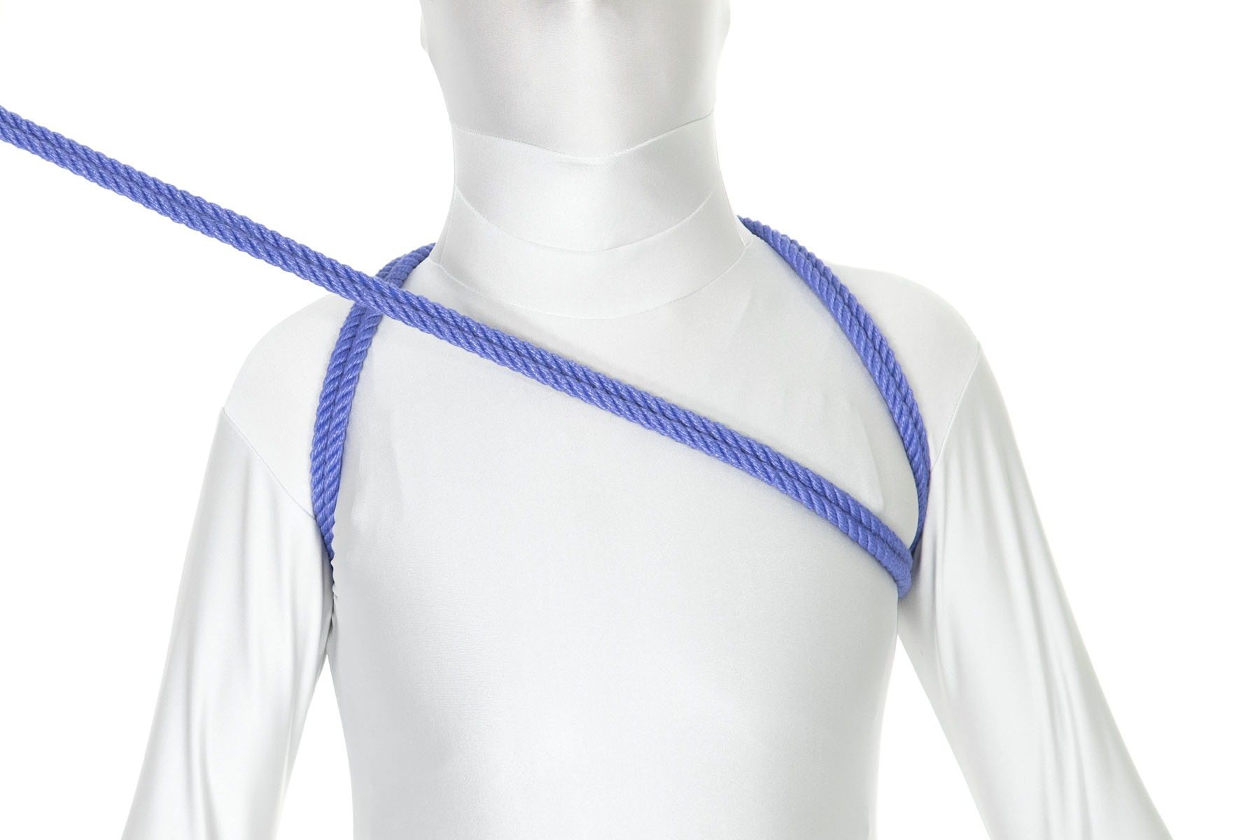 We are looking at the front of a person in a white bodysuit wearing a figure 8 shoulder harness. One blue rope comes up under their left armpit, up over the left shoulder, and vanishes behind the neck. Another rope does the same thing on the right side. A new rope has been added, coming from under the left shoulder and crossing diagonally up across the chest.