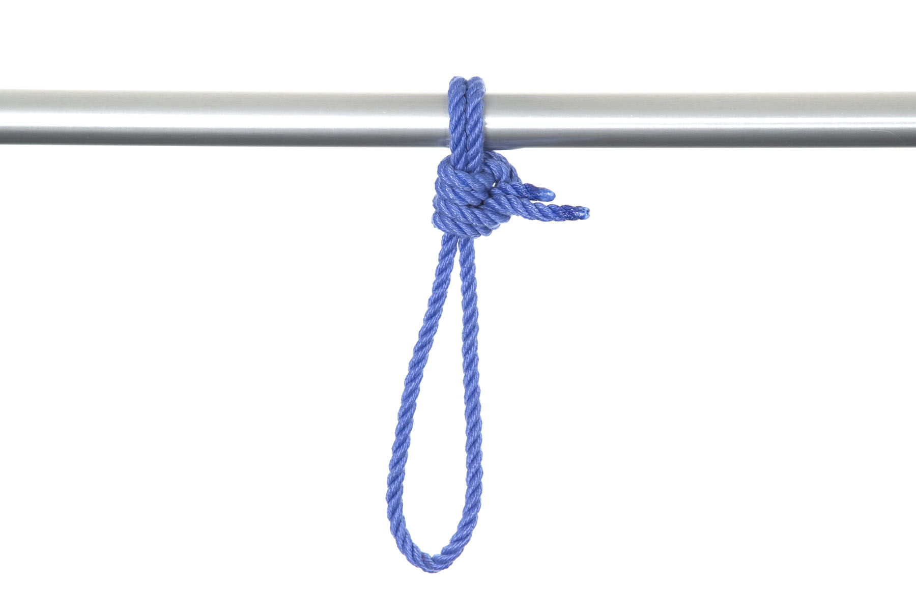 A length of one inch diameter aluminum pipe crosses the frame horizontally. A blue rope has been tied to it in a way that makes a six inch loop. The bight of the rope forms the loop and the tail of the rope goes around the pipe and then makes two half hitches around itself.