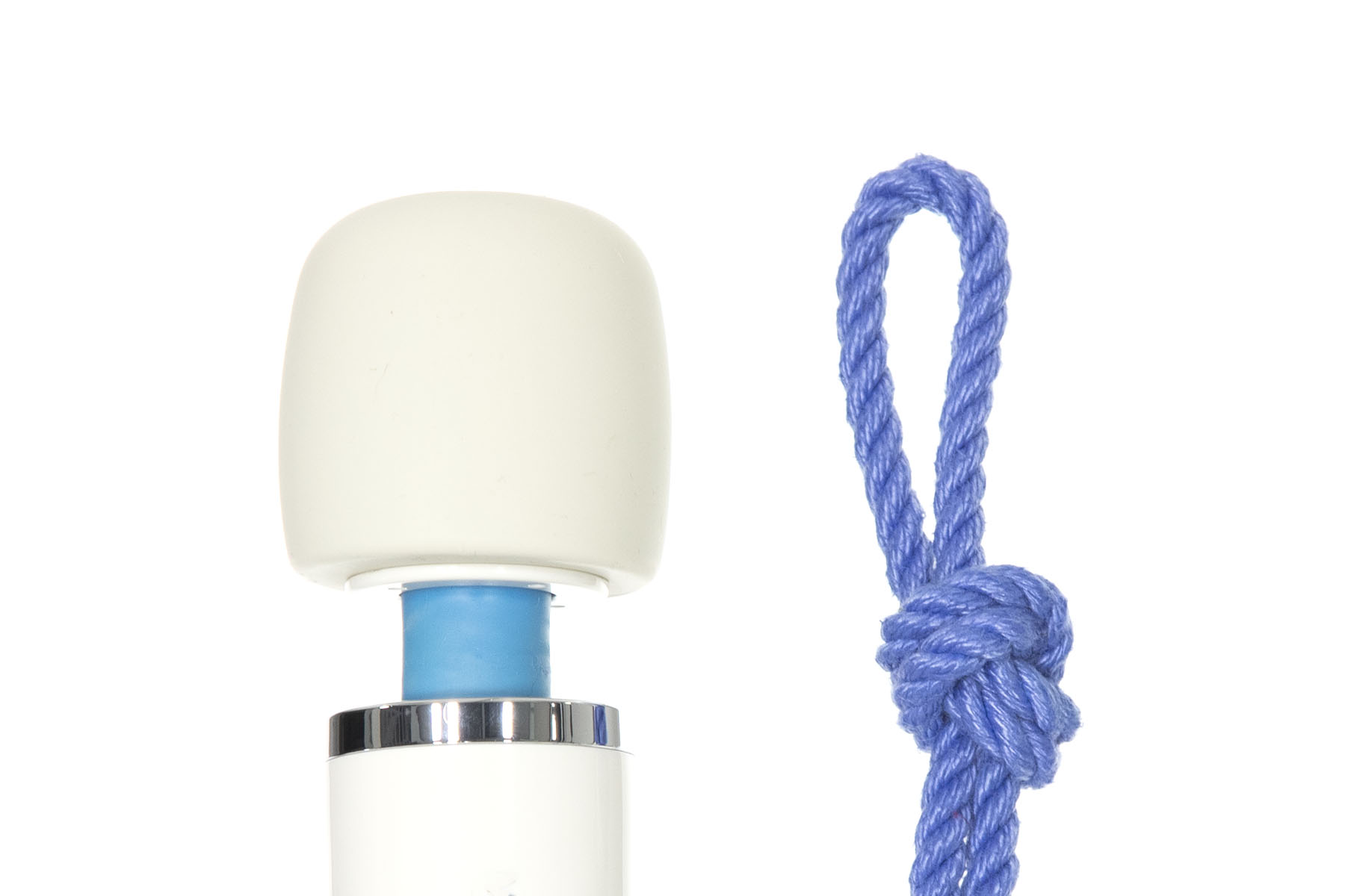 A closeup view of the head of a Magic Wand style vibrator. It has a large white drum-shaped head, connected to the body of the vibrator by a thin blue shaft. Next to the vibrator is a doubled blue rope with an overhand knot tied in the bight, leaving a three inch long loop.