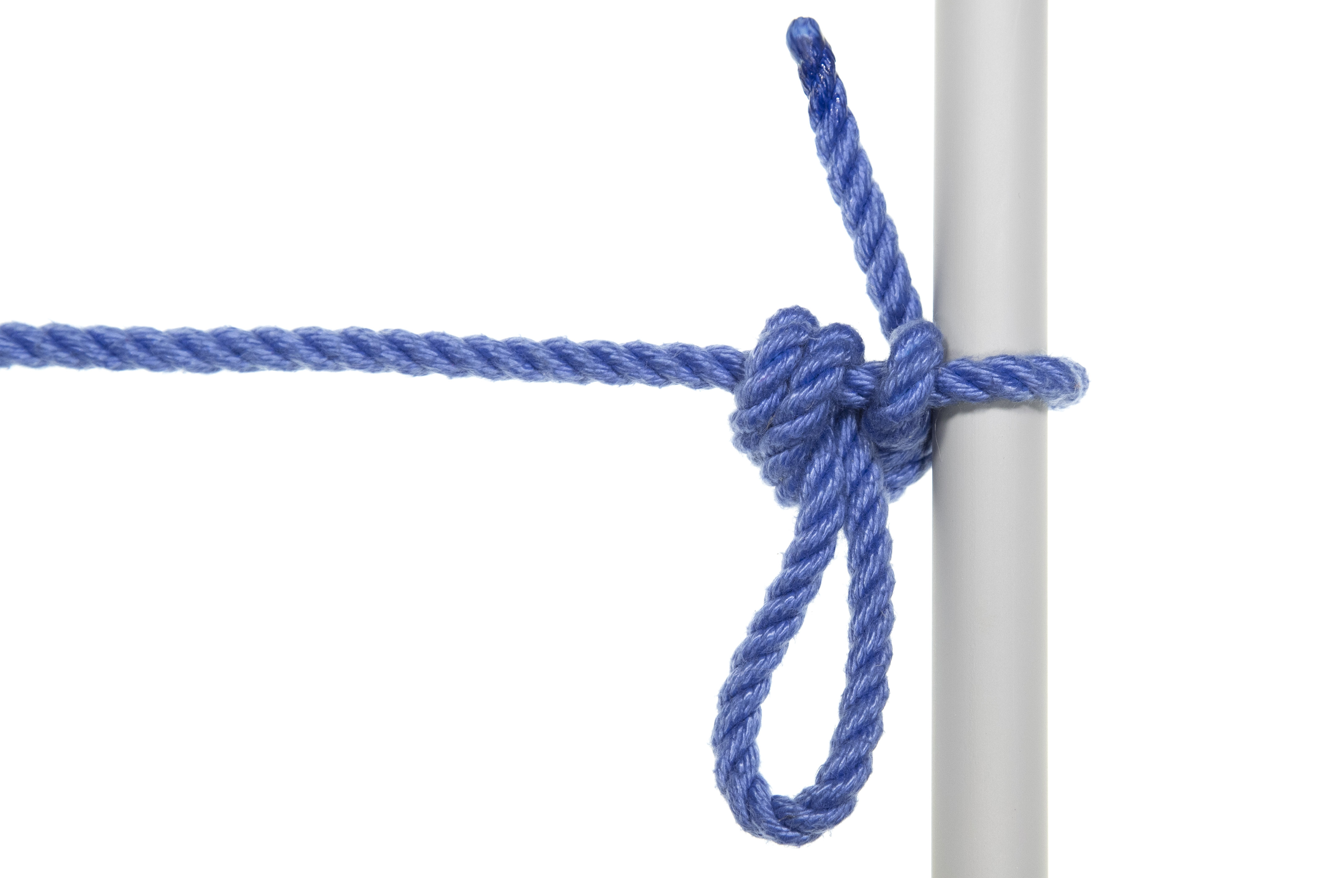 A one inch diameter gray pole crosses the frame vertically. A single blue rope enters from the left and is tied to the pole using a slipped from of two half hitches. The tail of the rope exits the top of the knot next to the pole, and a four inch bight of rope exits the bottom of the knot in the middle.