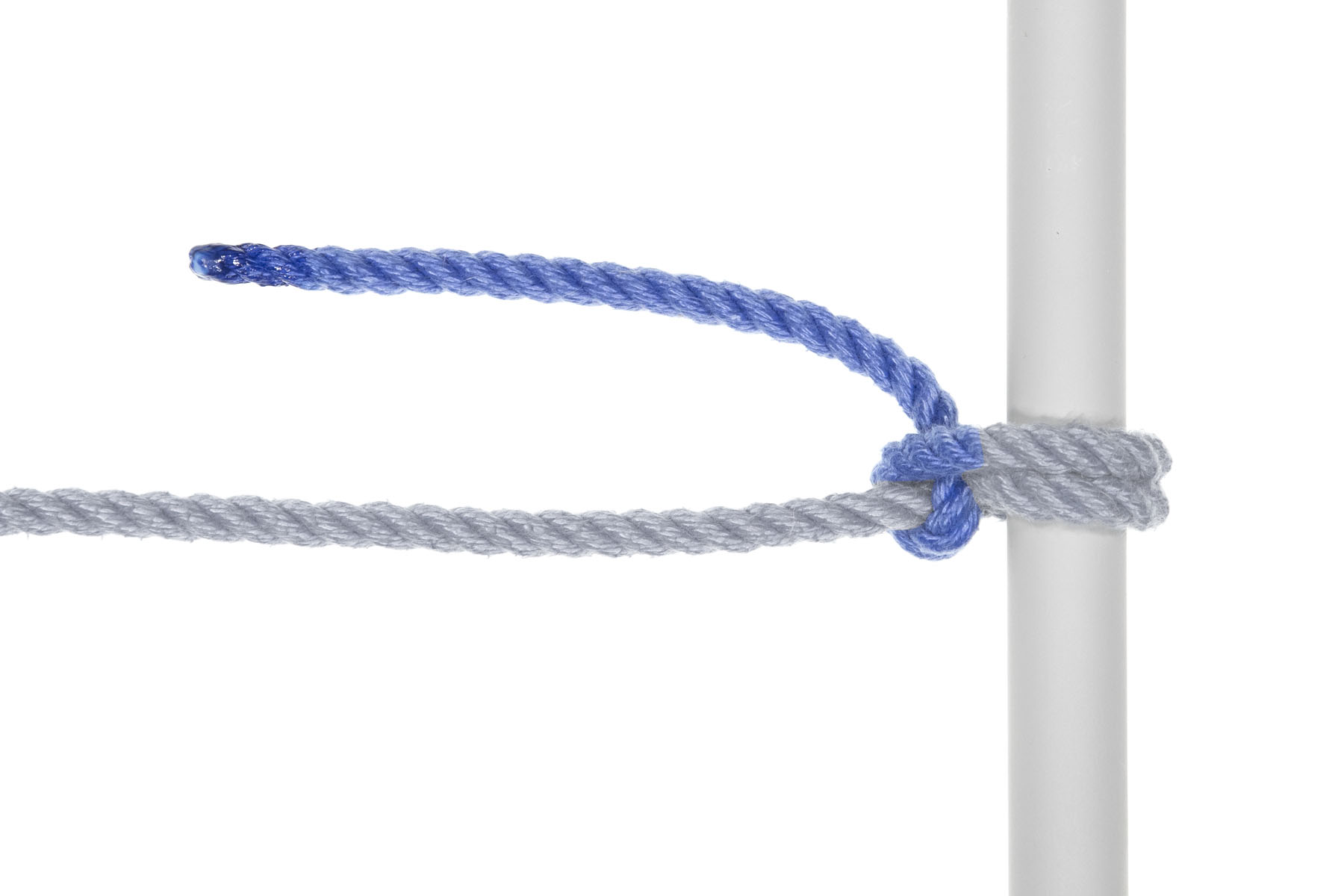 The half hitch has been snugged into place. The rope enters the frame from the left, makes two tight wraps around the pole, and finishes with a tidy half hitch.