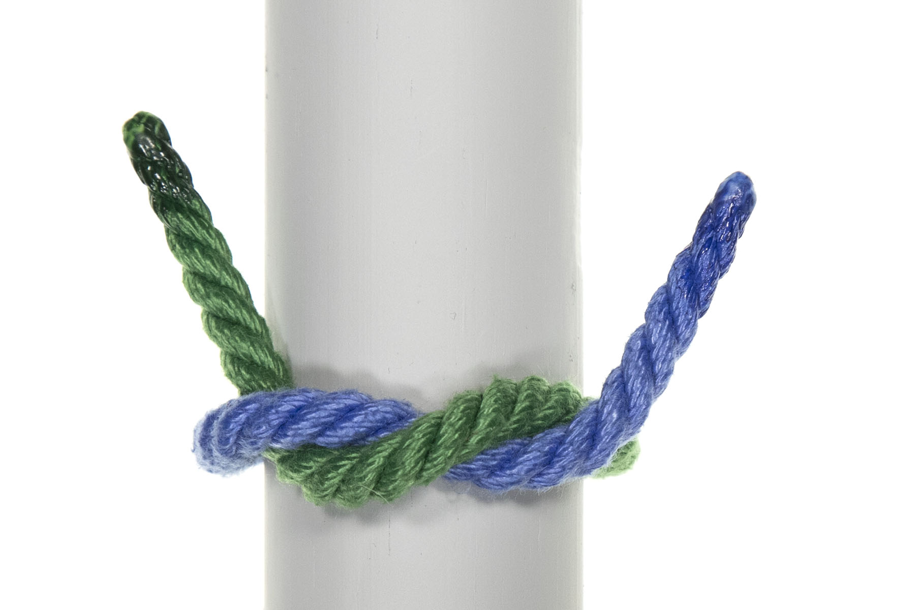 The blue rope is in approximately the same position as before, but has crossed under, around, and over the green rope once, so the two ropes are now twisted together. The blue rope goes over, under, and over the green rope, and the green rope goes under, over, and under the blue rope.