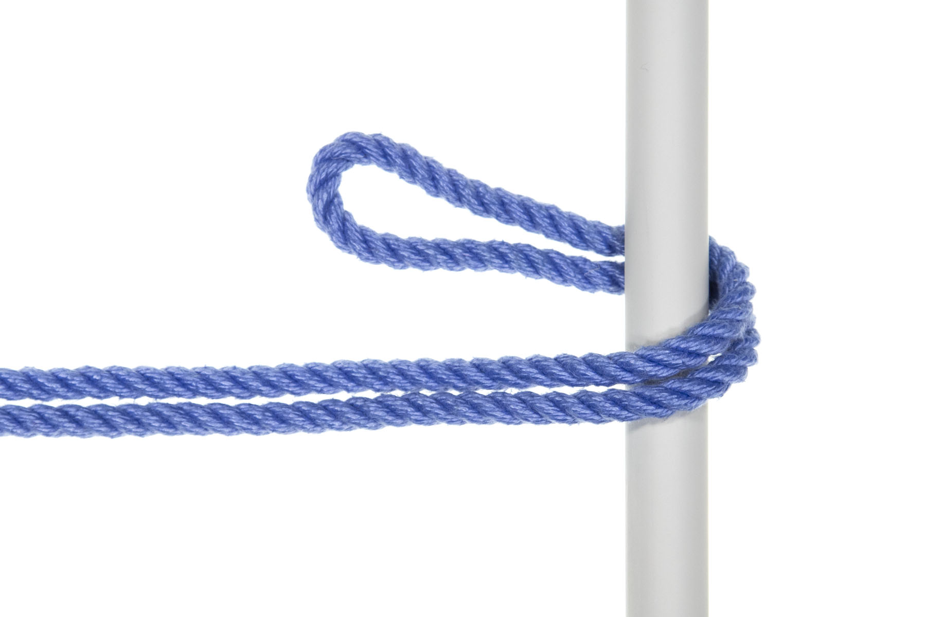 The bight of a doubled blue rope enters from the left and goes over and around a gray vertical pole. The bight is now pointing to the left.