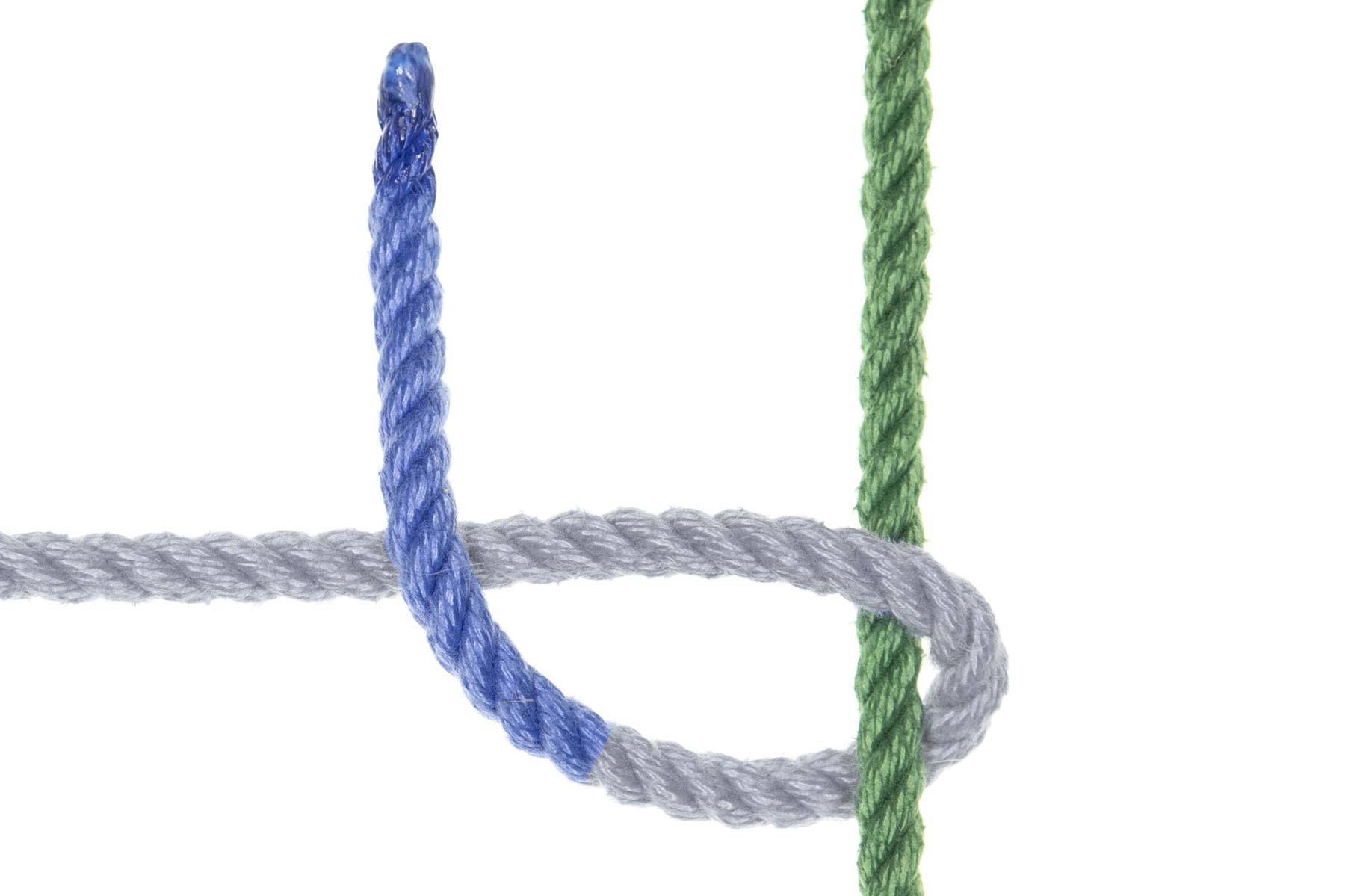 The blue rope crosses over itself, traveling upward.