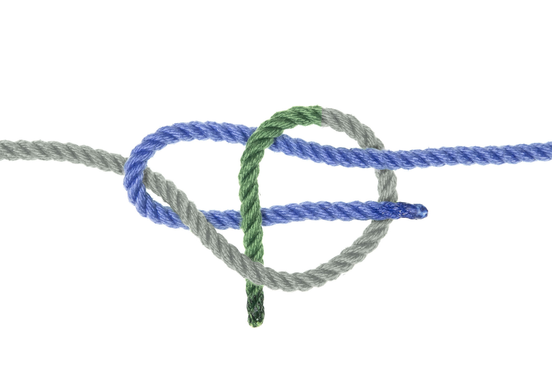 The green rope bends to the right and then down, crossing over both parts of the blue rope and then under itself.