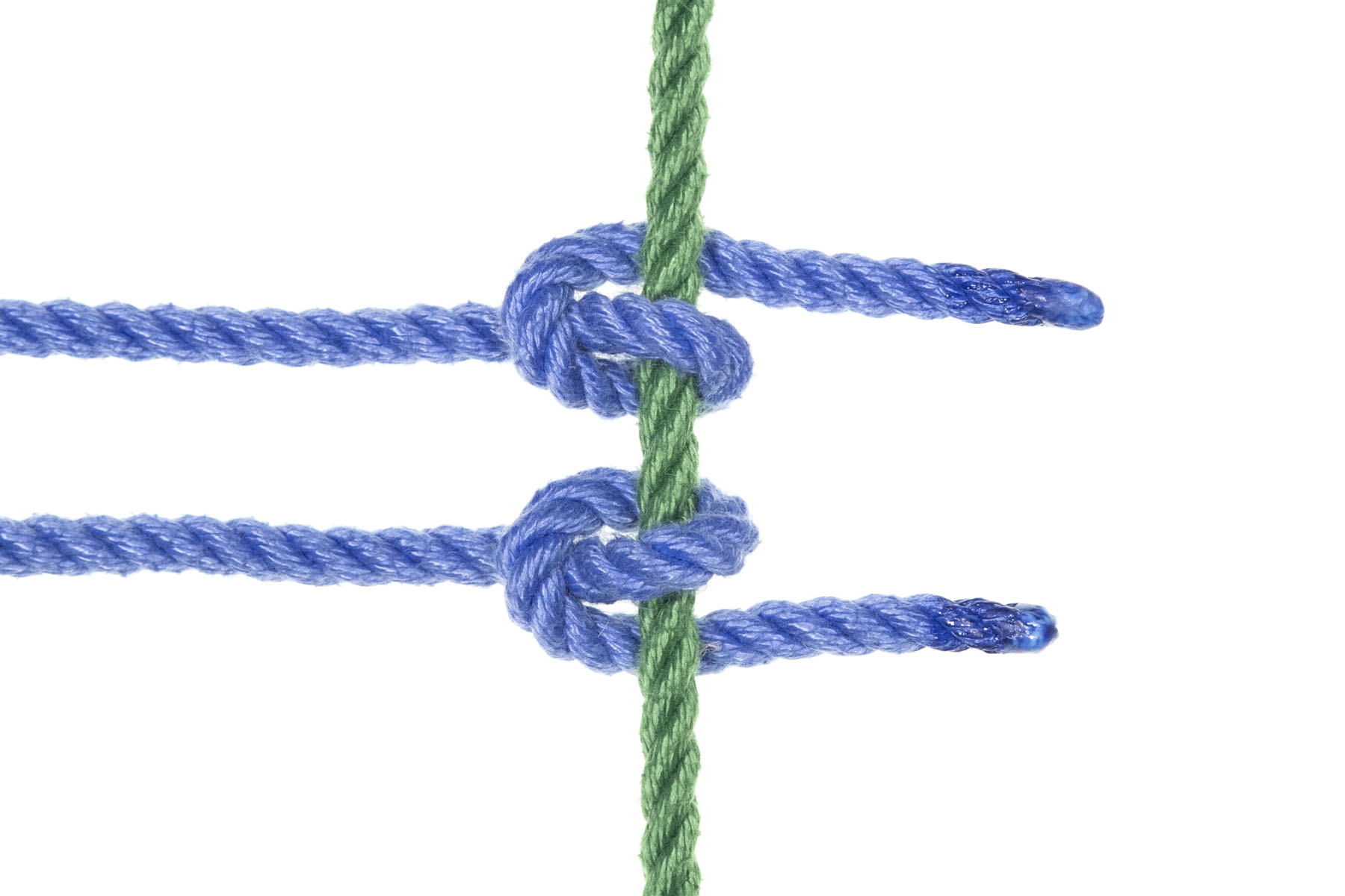 A green rope crosses the frame vertically. Two blue ropes enter from the left, make Munter frictions on the green rope, and exit to the right, both travelling horizontally. The upper Munter crosses itself moving upward, and the lower Munter crosses itself moving downward, making them mirror images of each other.