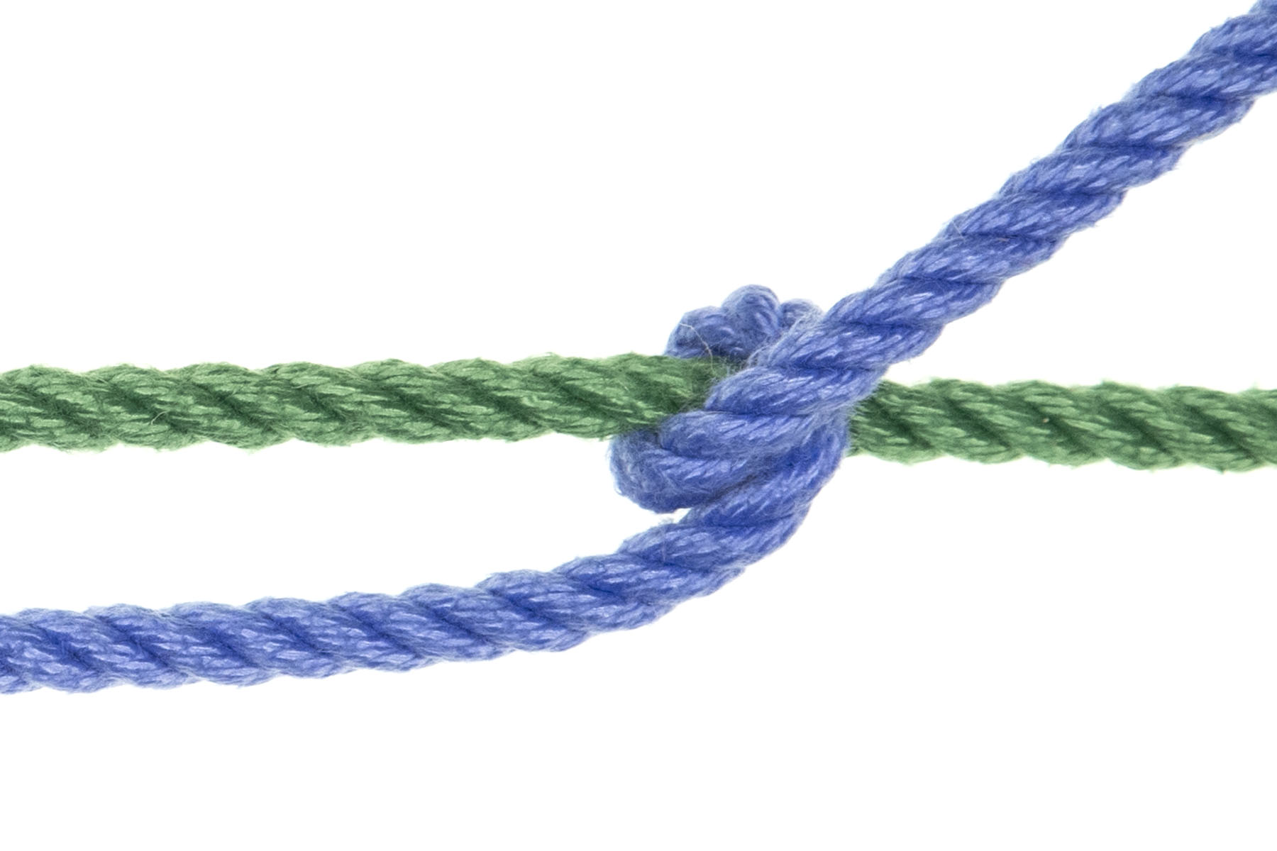 A single green rope crosses the frame horizontally. A blue rope enters from the left of the frame, just below the green rope. In the center of the frame, the blue rope makes a single spiral around the green rope, crossing over it, then under it, then over it again. The blue rope is pulled up and to the right, so it is wedged into the spiral.