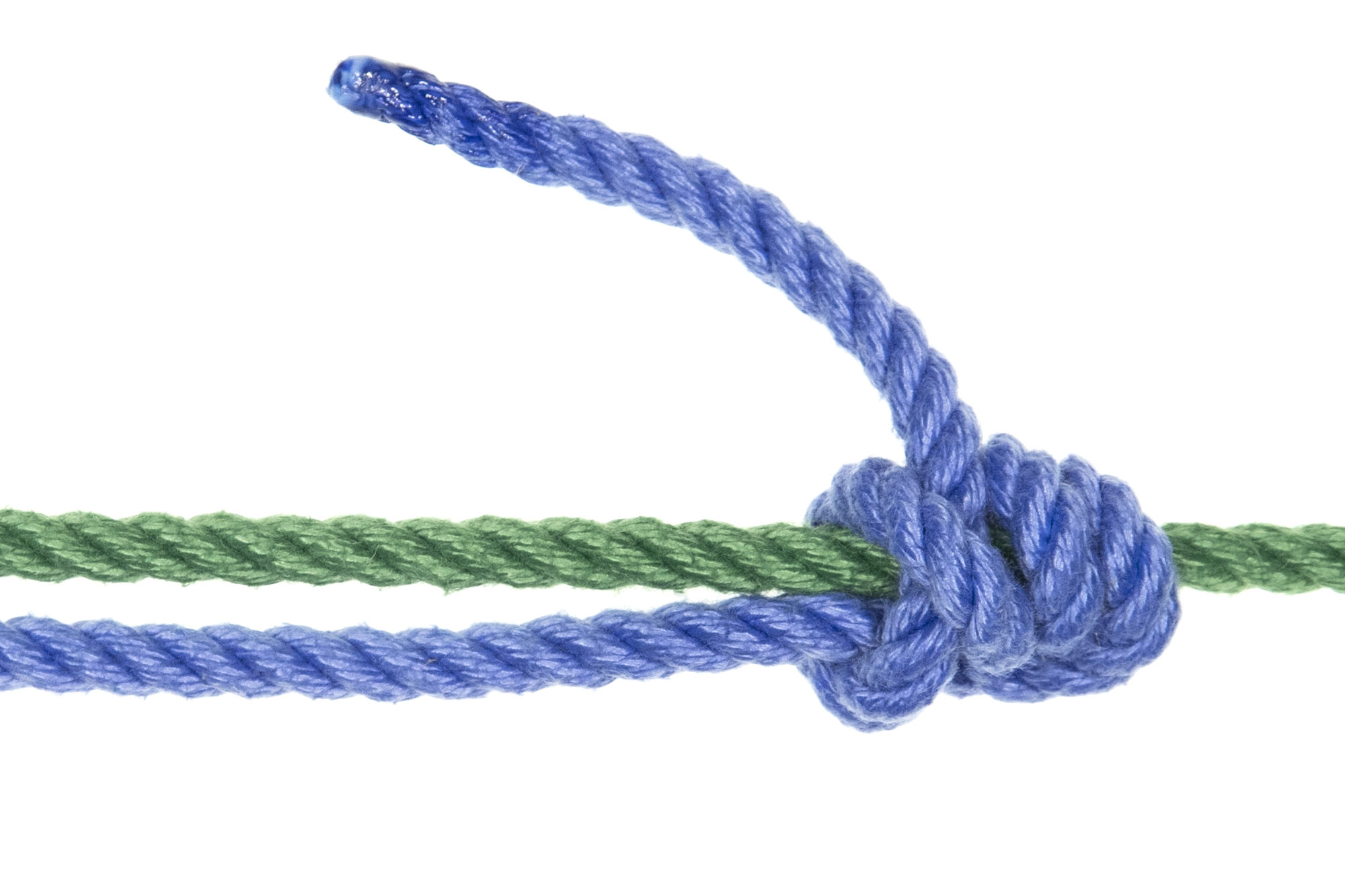 A green rope crosses the frame horizontally. A blue rope enters the frame from the left and runs alongside the green rope, just below it. It is tied to the green rope with an adjustable grip hitch consisting of two tight spirals around the green rope and a half hitch on the left side of the spirals. The knot has been pulled into a neat, compact shape.