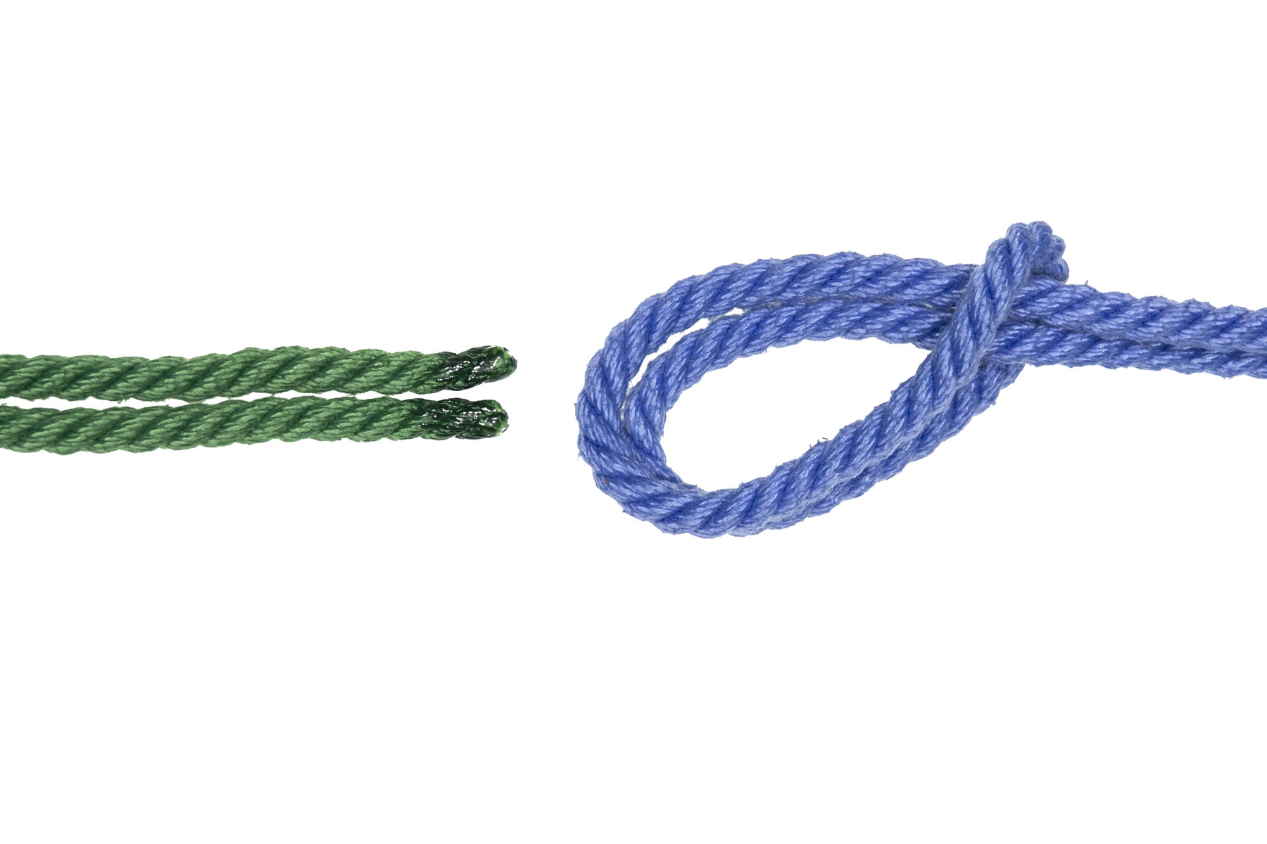 A lark’s head has been made in the blue rope by folding the bight back and pulling some rope through the bight. The final result is a lark’s head, making a loop in the blue rope.