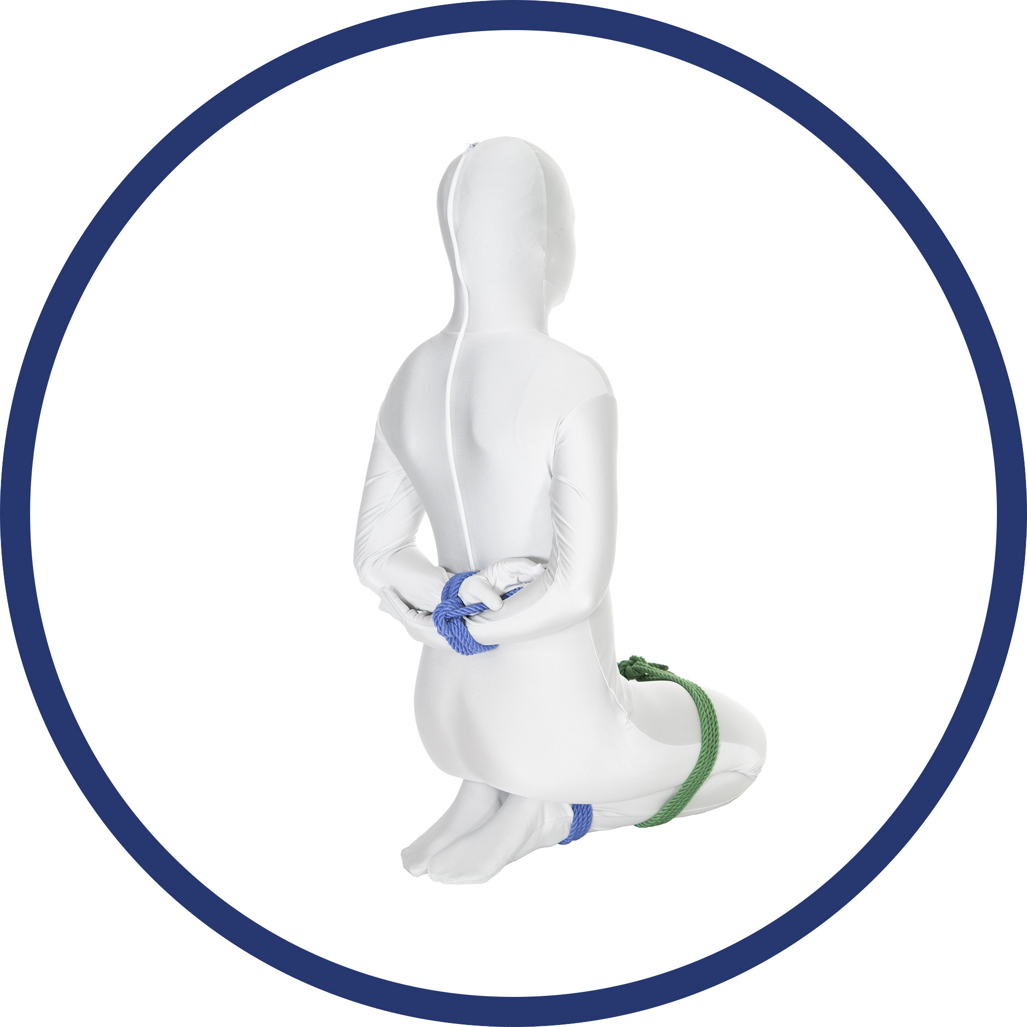 A person in a white bodysuit kneeling with their hands bound behind their back, inside a blue circle.