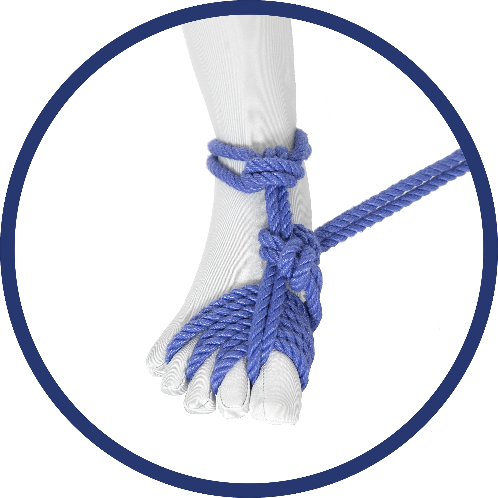 A foot in a white bodysuit with blue rope tied around the ankle and threaded between the toes, framed by a blue circle.