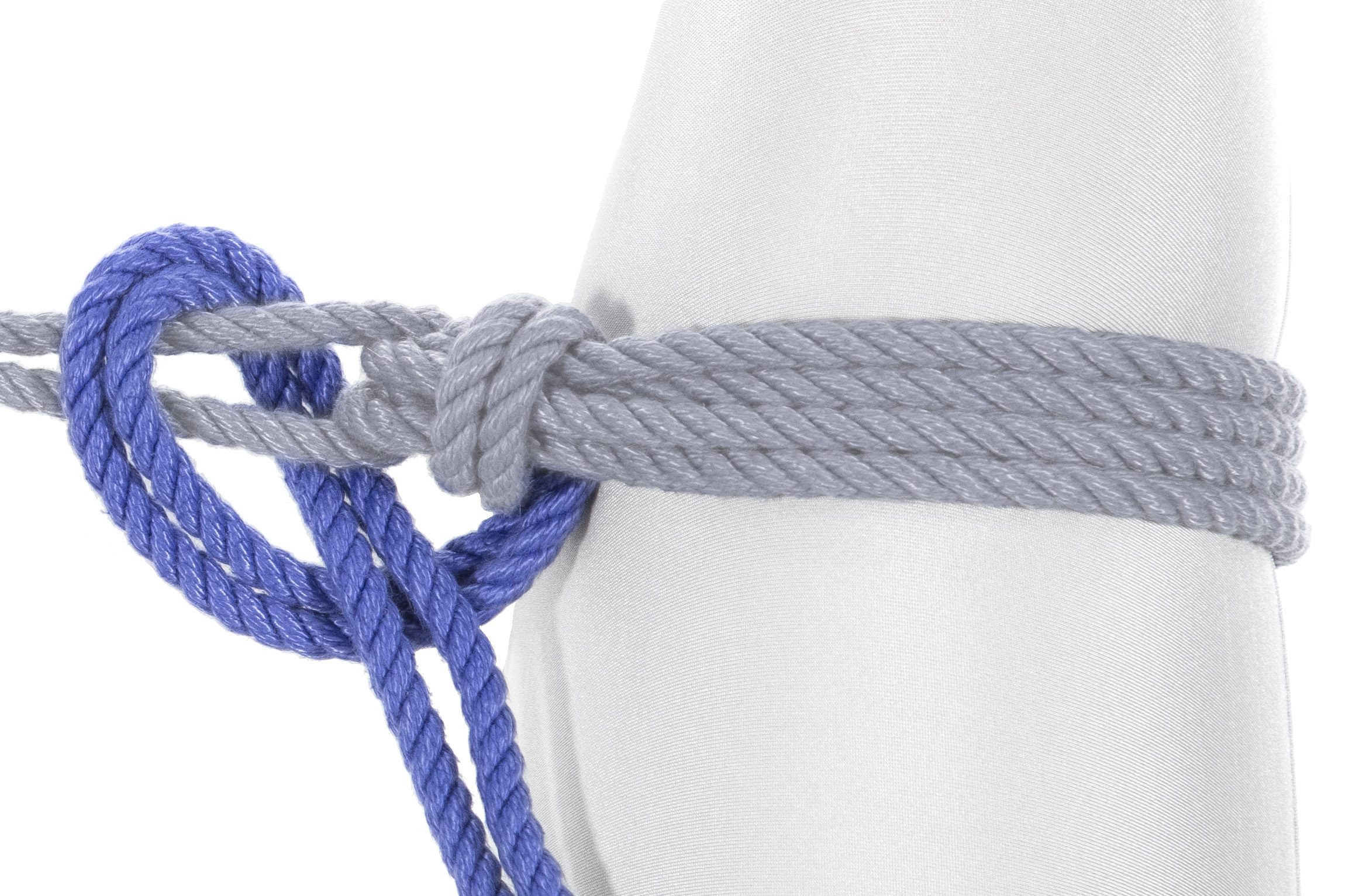 Close-up view of tying a hojo cuff around a limb. The rope has been grayed out where it goes around the limb but is blue where it makes a half hitch around itself.