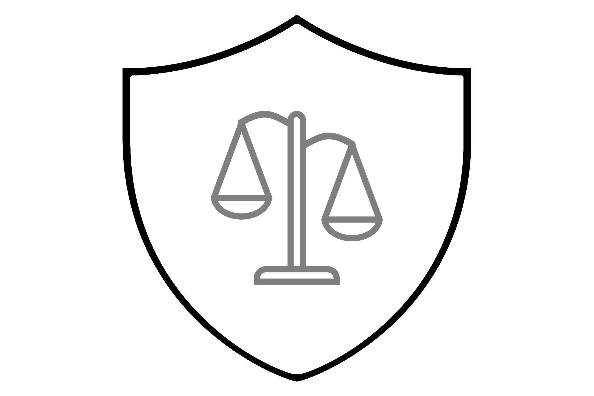A stylized drawing of a shield with the scales of justice on it.