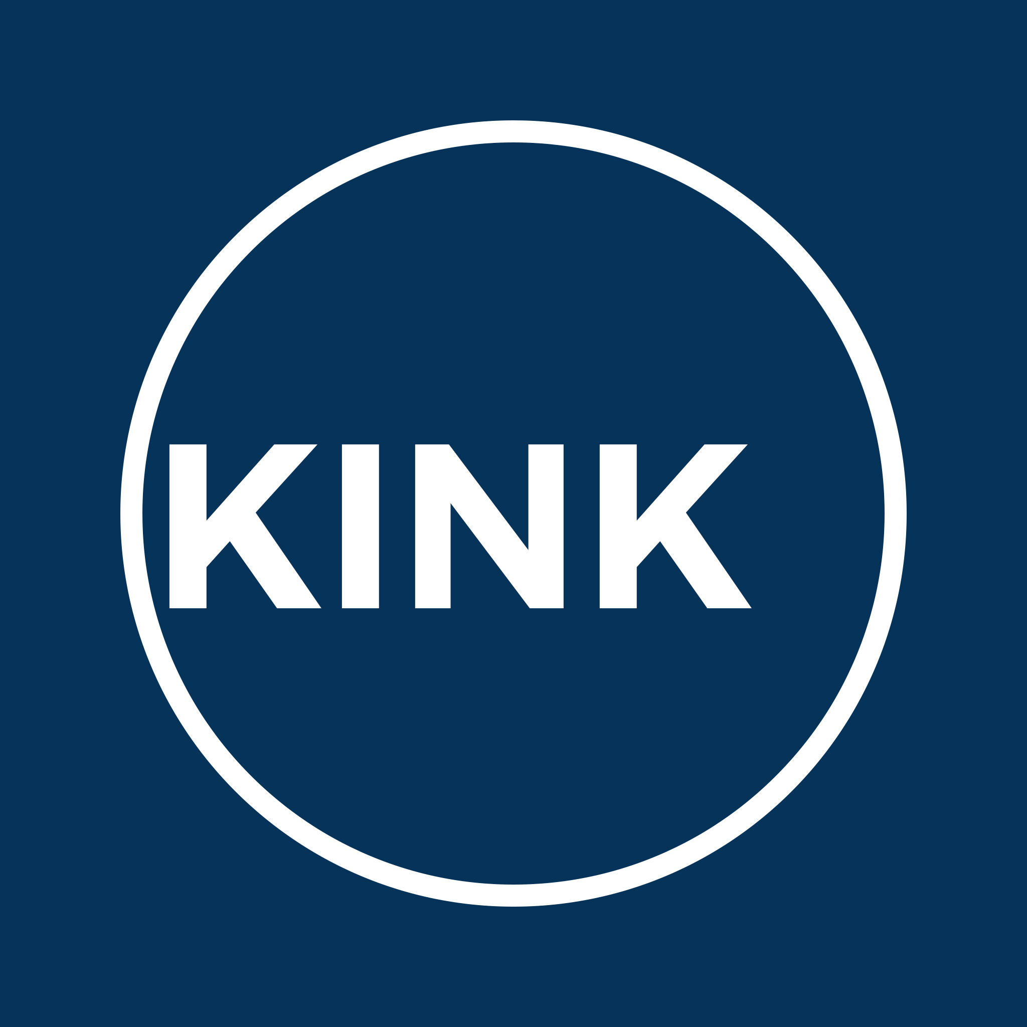 The word KINK in white surrounded by a white circle on a blue background.