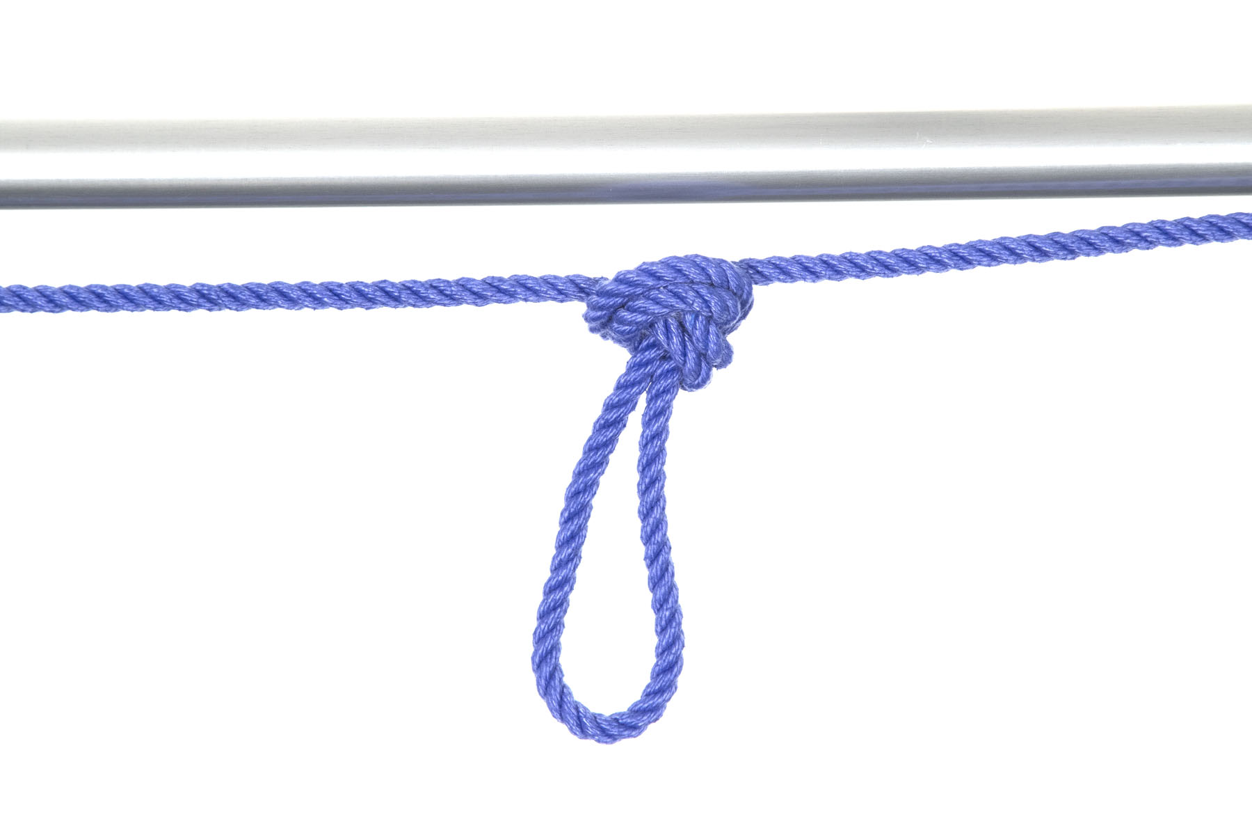 A one inch aluminum pipe crosses the frame horizontally. A blue rope runs alongside it. In the middle of the frame, an eight inch bight of the rope has been tied in an overhand knot, making a six inch loop that extends at a perpendicular angle to the pipe.
