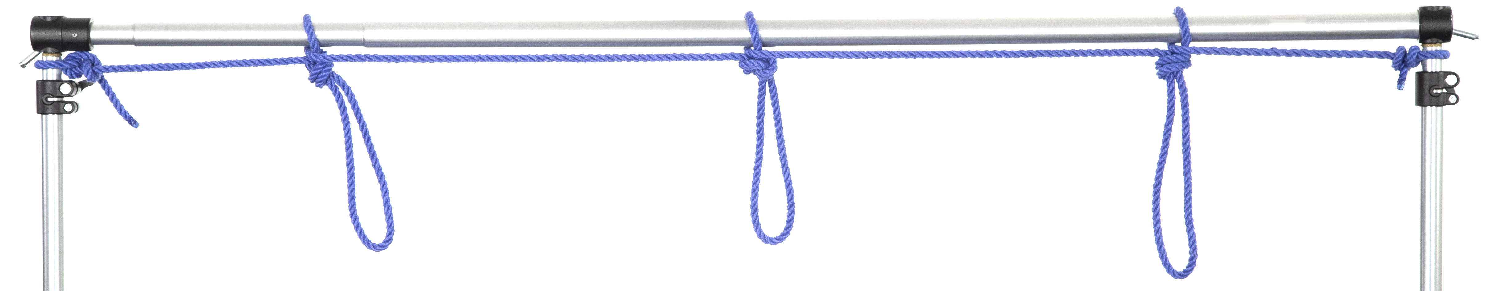 A one inch aluminum pipe crosses the frame horizontally. It is supported by two vertical pipes of the same material. A blue rope is tied off to the left support and runs along the horizontal pipe, making three evenly spaced loops along its length. It is then tied off to the right support.