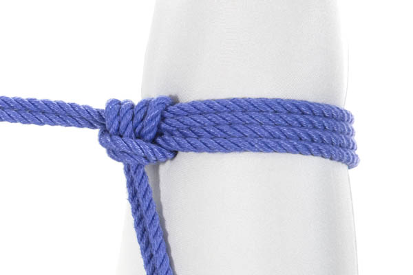 A closeup of a hojo cuff tied around a leg wearing a white bodysuit. A doubled blue rope enters from the left of the image, makes two wraps around the leg, and is tied around its own standing part before exiting at the bottom of the image.