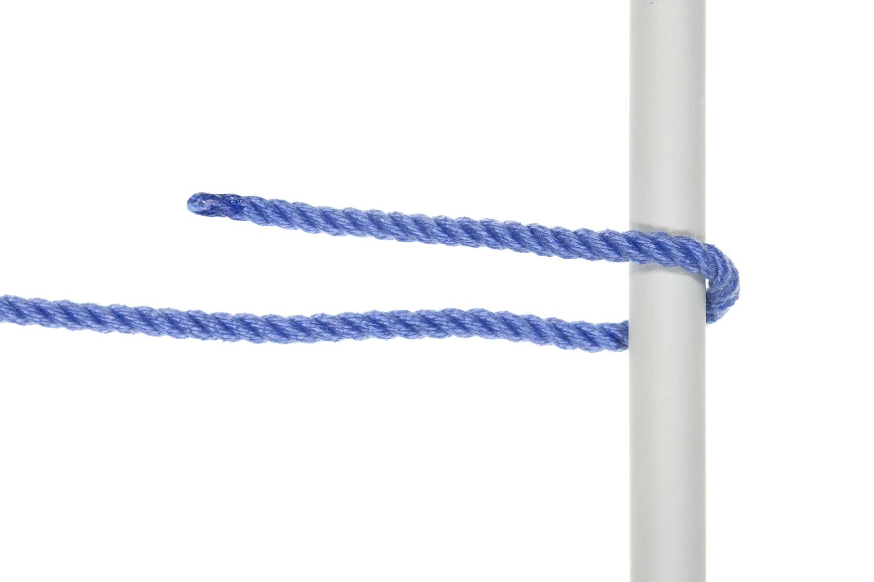 A one inch vertical gray pole divides the image. A single strand of blue rope enters from the left and makes a 180 degree turn around the pole, going under it and then doubling back on top of the pole. The working end is slightly higher in the frame than the standing part.