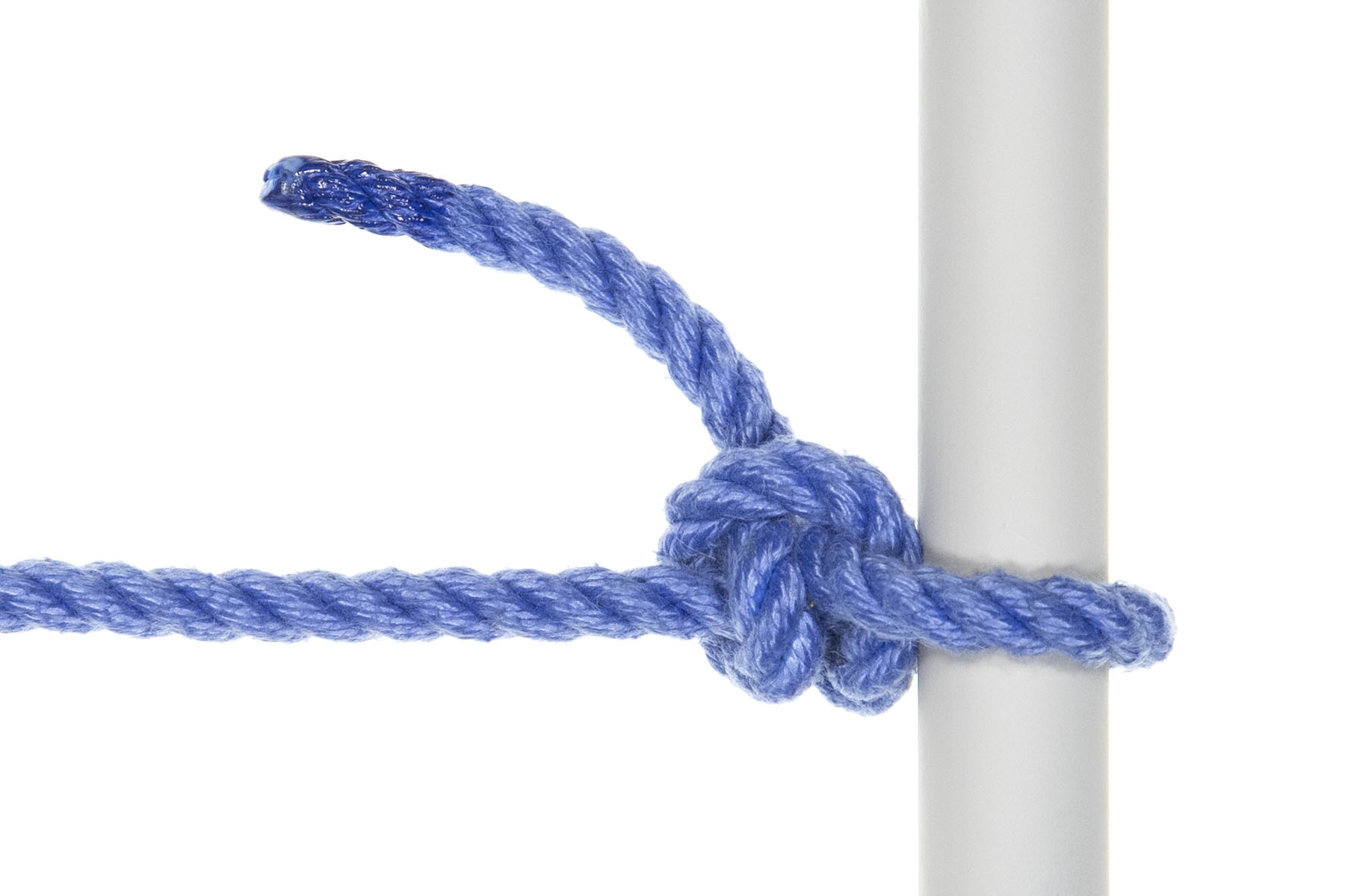 A one inch gray pole crosses the frame vertically. A blue rope enters from the left and is tied to the pole with two half hitches. There is a single pass of rope around the pole, and two snug wraps around the standing part. A short bight exits the knot.