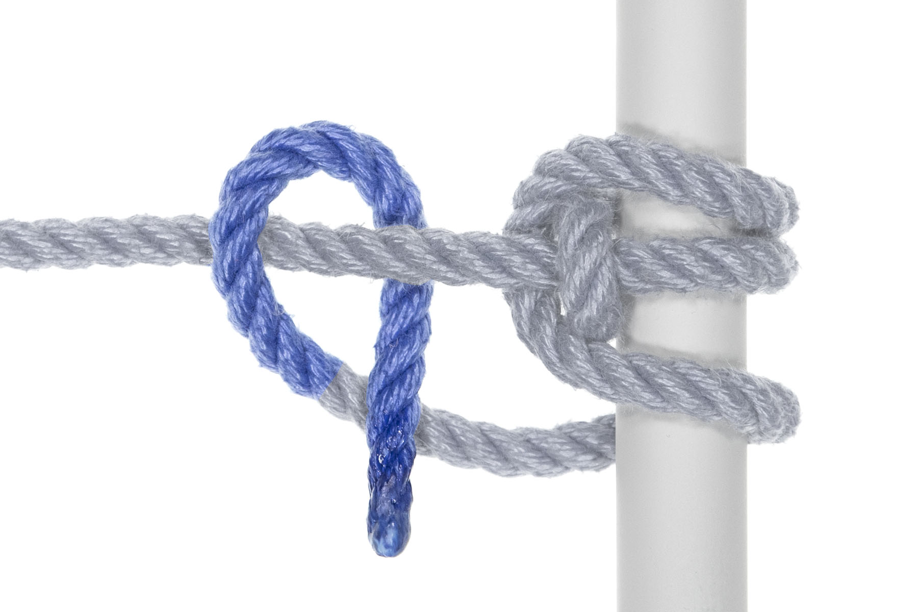 The working end makes a half hitch around the standing part by going over the standing part, under the standing part, and over itself.