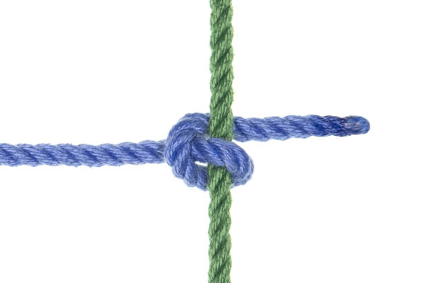 The friction has been pulled tight. The blue rope enters from the left, makes a Munter friction around the green rope, and exits to the right.