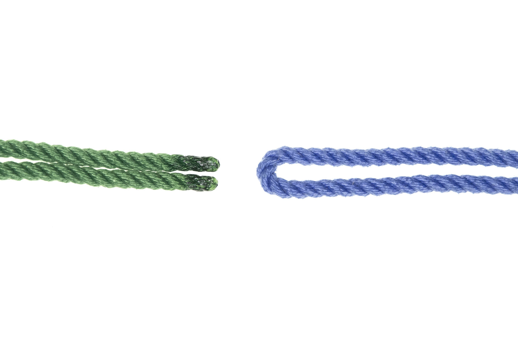 Two ends of a doubled green rope enter from the left. The bight of a blue rope enters from the right.