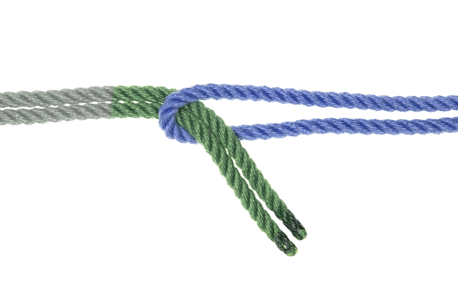 The ends of the green rope go through the bight of the blue rope, passing underneath it and then over it as they exit toward the bottom right.