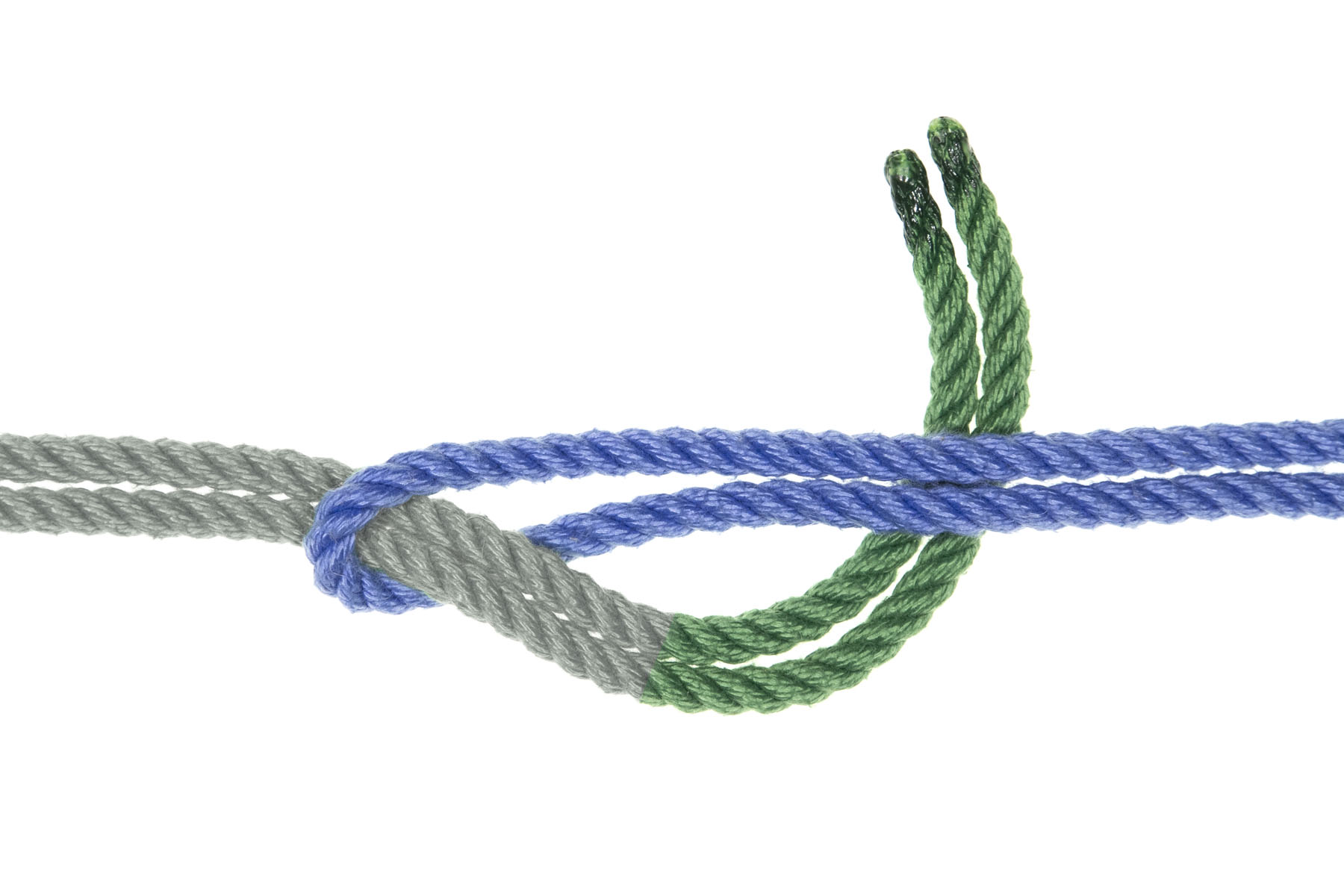 The ends of the green rope turn and pass under the standing part of the blue rope, moving toward the top of the image.
