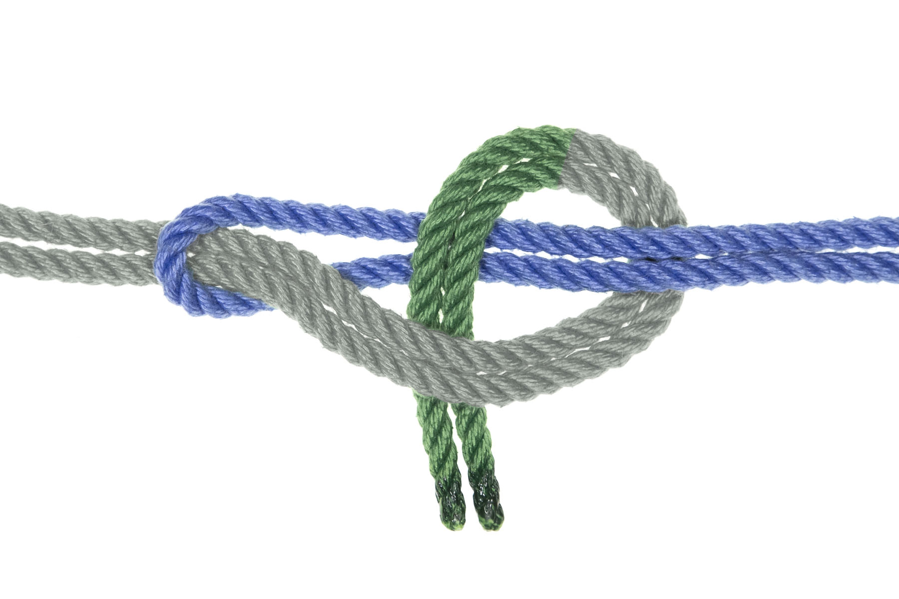The ends of the green rope turn downward, passing over the standing part of the blue rope to the left of their previous crossing, before passing under themselves as they approach the bottom of the image.