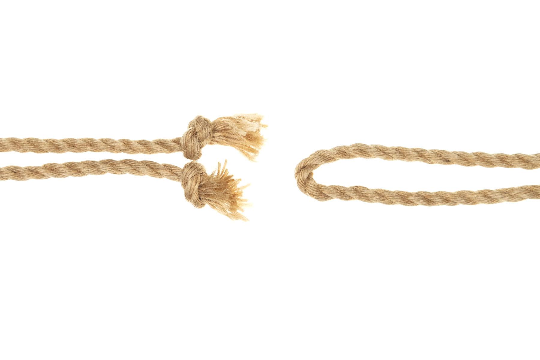 Two single strands of jute rope enter the frame from the left. Both strands have knotted ends. The bight of a doubled length of jute rope enters the frame from the right.
