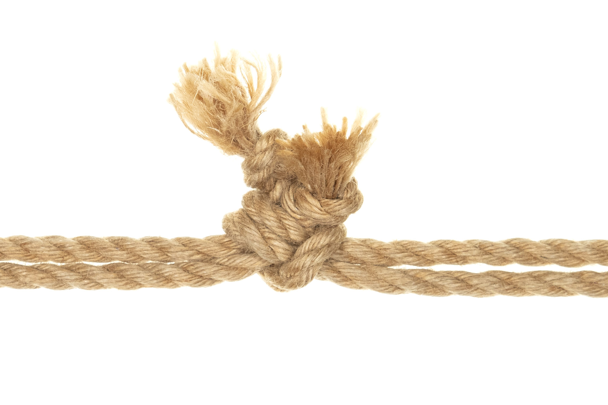 Two lengths of jute rope are joined by a lark’s head extension. The knotted ends of the rope on the left are held securely by a compacted lark’s head formed by the bight of the rope on the right.