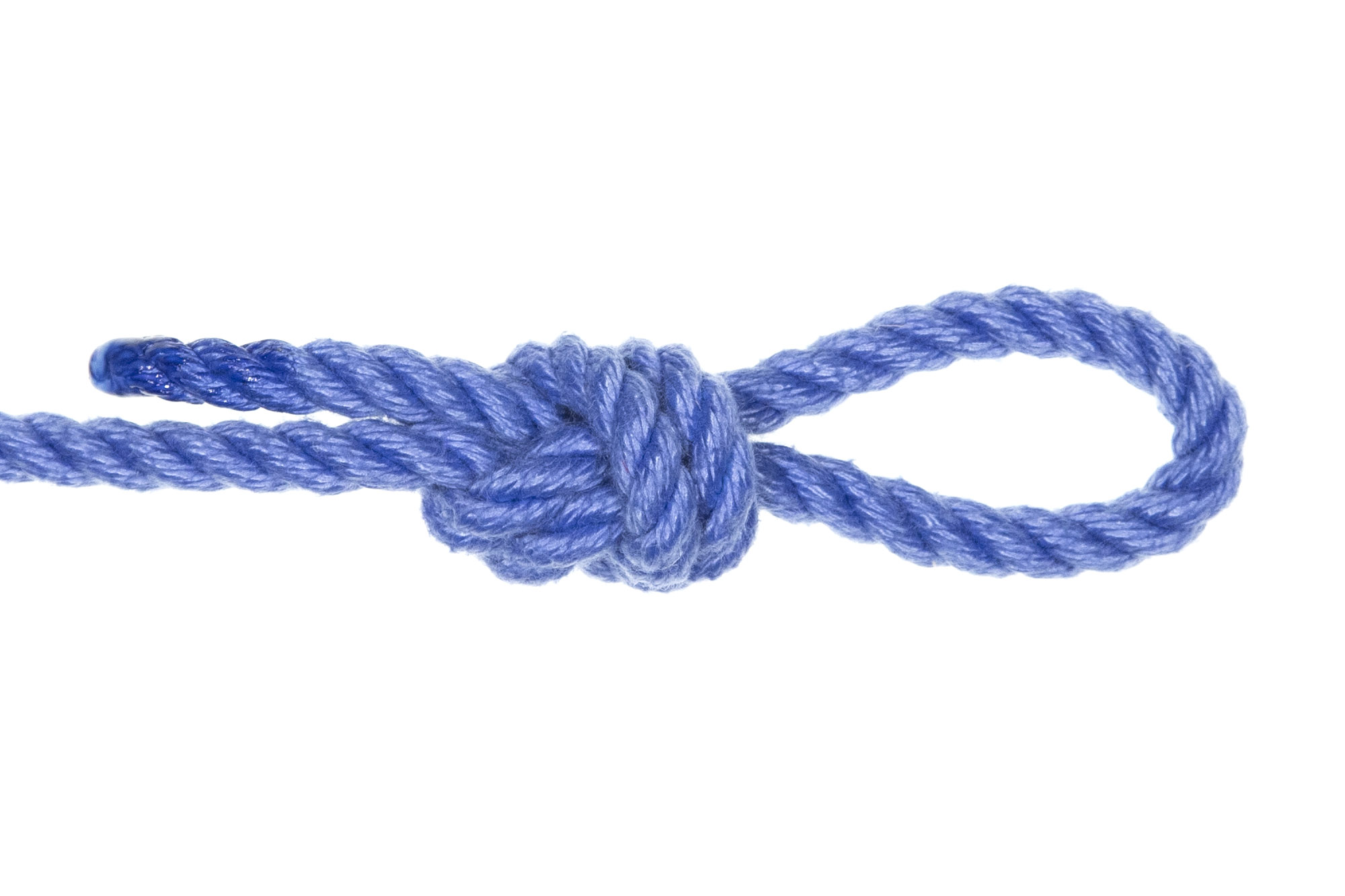 An overhand loop knot tied in blue rope. The rope enters from the left and is tied into a compact knot with a loop extending out to the right.