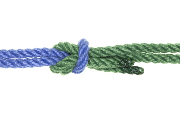 A doubled green rope and a doubled blue rope are tied together using a square knot extension. The green rope goes through the bight of the blue rope, around the blue rope, and back through the bight, creating a square knot.