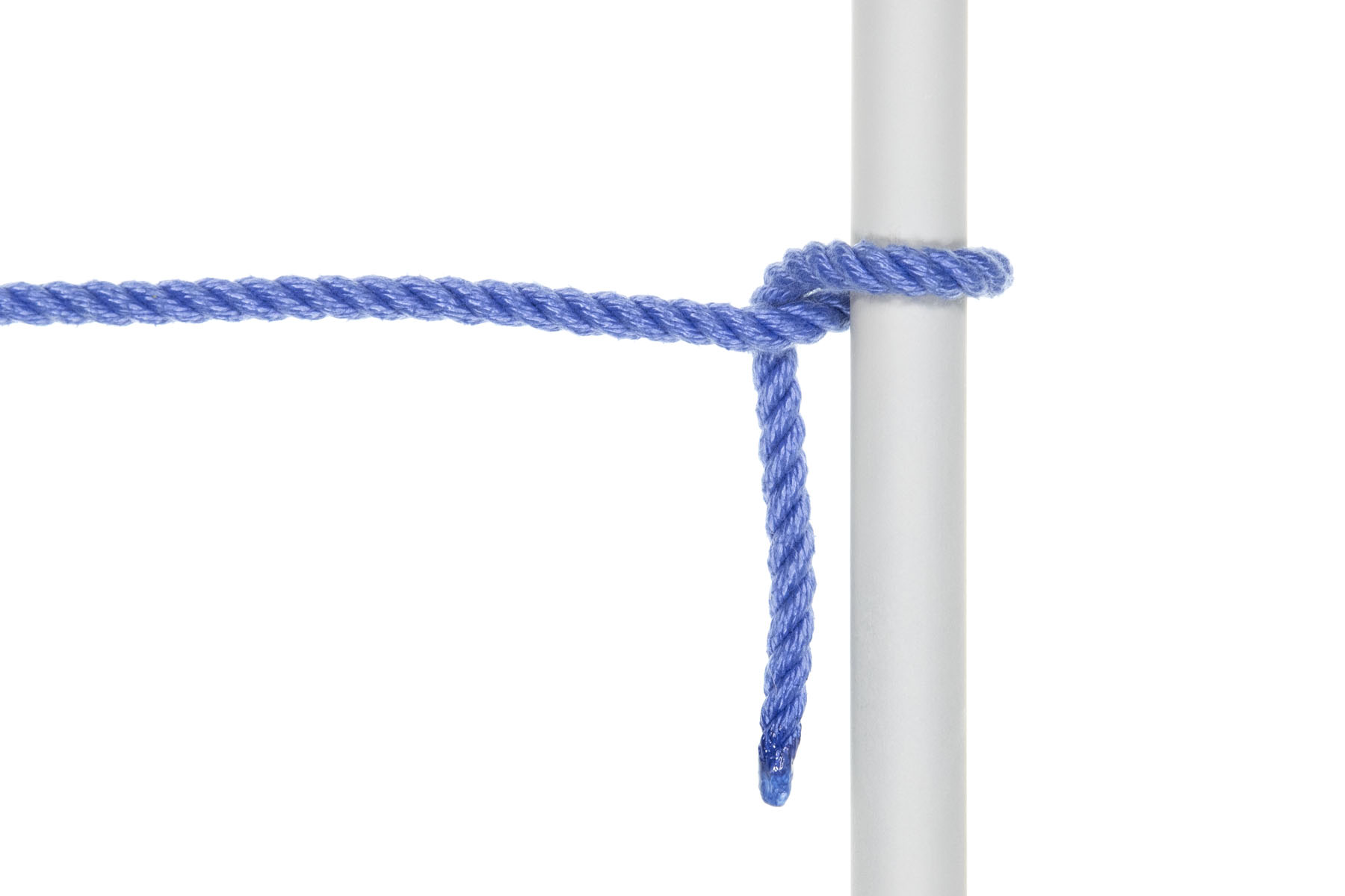 A one inch vertical gray pole divides the image in half. A single strand of blue rope enters from the left and makes a 180 degree turn around the pole, going under it and then doubling back on top of it. The working end comes off the pole slightly higher in the image than the standing part, passes behind the standing part, and travels straight down in the image.