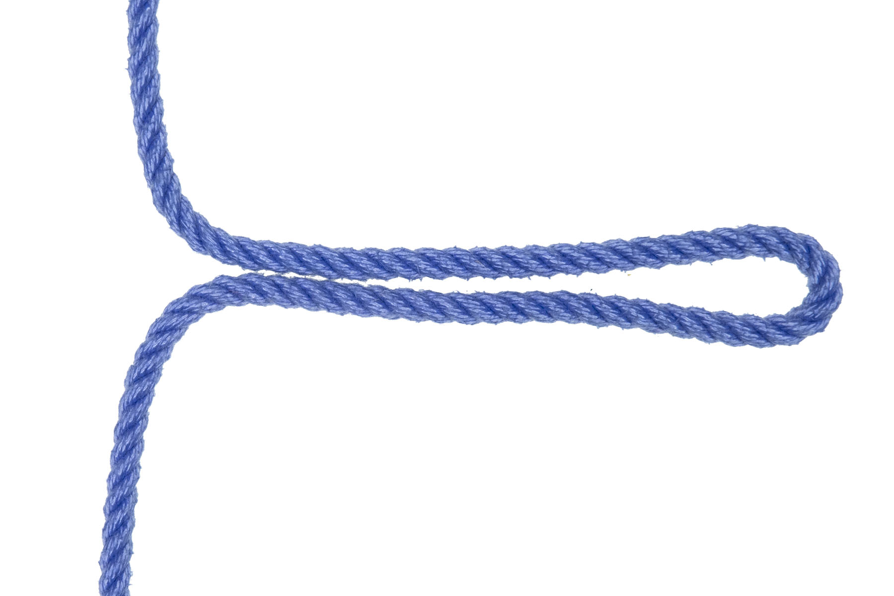 A single blue rope enters from the top. In the center of the frame, an eight inch long bight has been pulled out to the right. The remainder of the rope exits at the bottom.