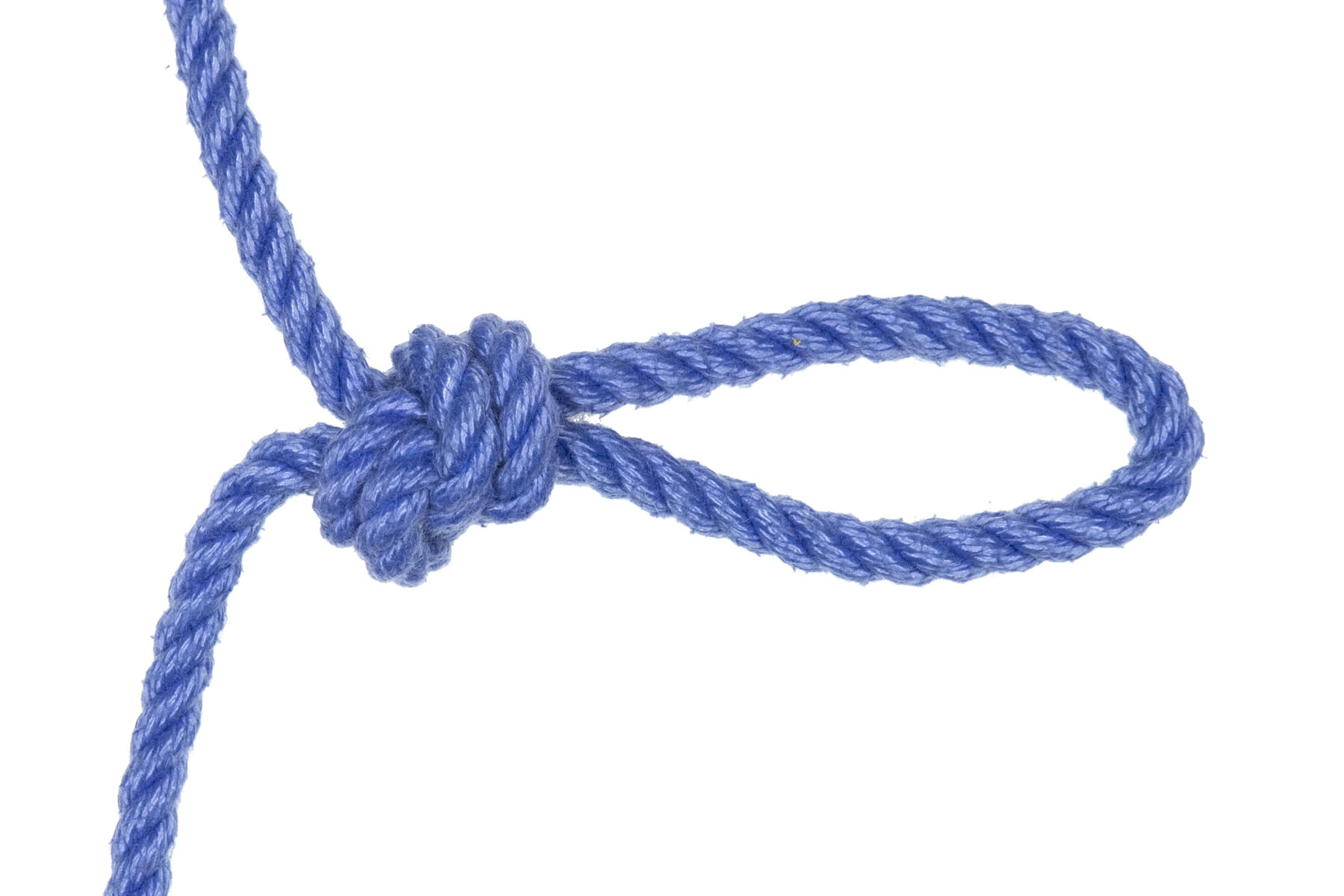The half hitch has been pulled snug. There is a compact half hitch tied in doubled rope, with a four inch loop of rope extending out to the right.