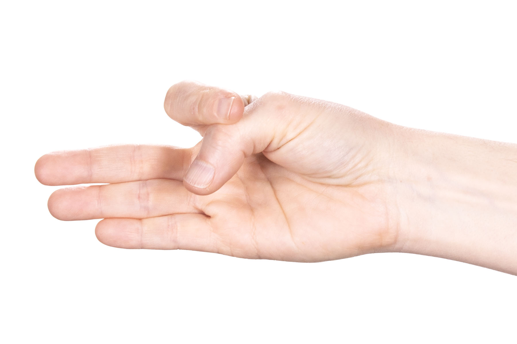 A hand with three fingers extended straight ahead and the index finger stroking the back of the thumb just below the knuckle.