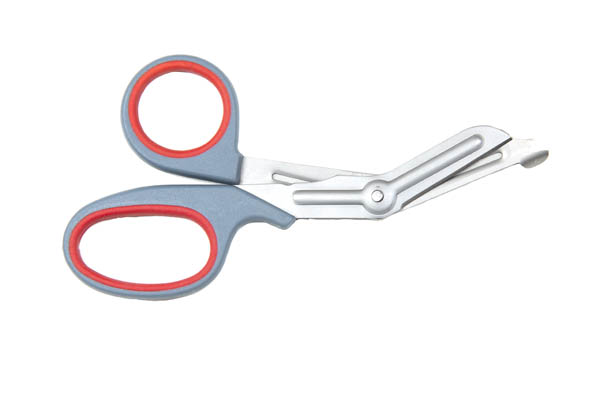 A pair of bondage shears. They are similar to scissors, but the blades are bent at a 30 degree angle. There is a small flat guide at the end of one of the blades to help them glide over skin.