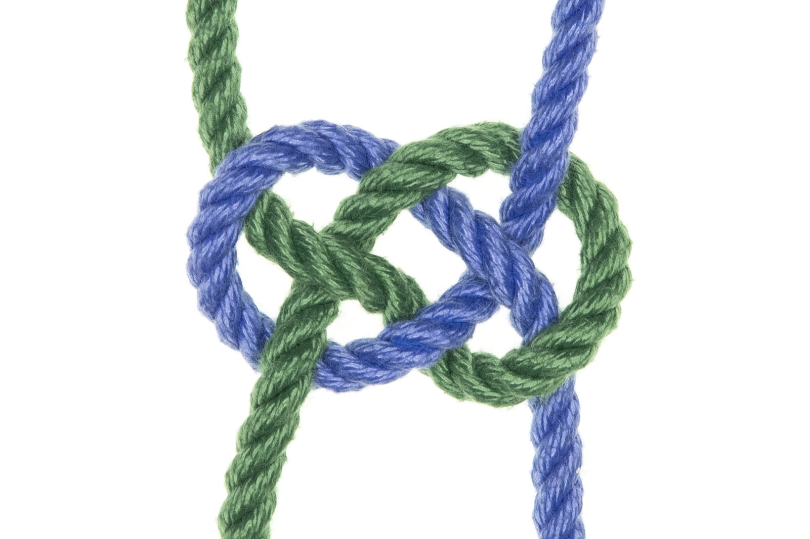 A green rope and a blue rope threaded together to form a double coin knot.